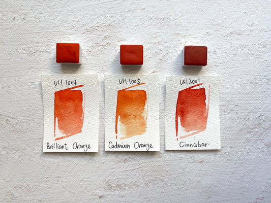VHaquarell Beobachtung von Orange-Aquarellfarben: Brilliantorange, Kadmiumorange und Zinnober