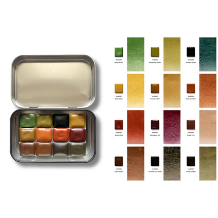 Handgemachte Aquarellfarben - Honig - 12er Natur/Wald Set mit B1 Box - H16
