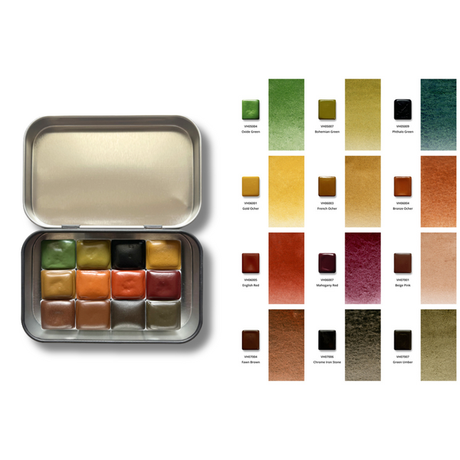 Handgemachte Aquarellfarben - Honig - 12er Natur/Wald Set mit B1 Box - H16