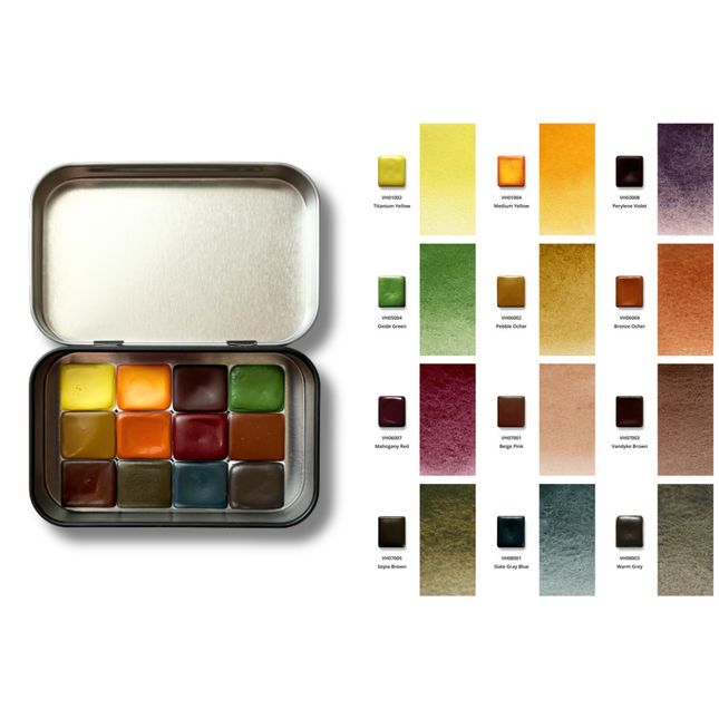 Handgemachte Aquarellfarben - Honig - 12er Vintage Set mit B1 Box - H13
